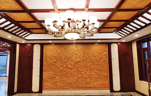 满城中式别墅客厅中式木作横梁吊顶装饰展示